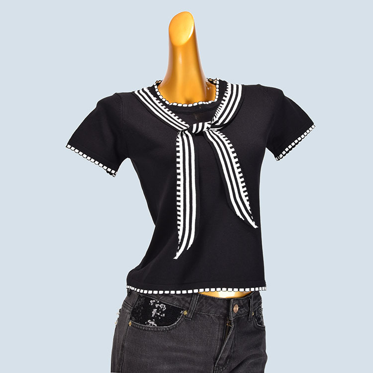 学院风圆领系带针织短袖t恤女装