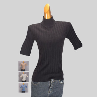 半高领坑条中袖针织打底衫女装春秋新款修身弹力内搭纯色短款上衣