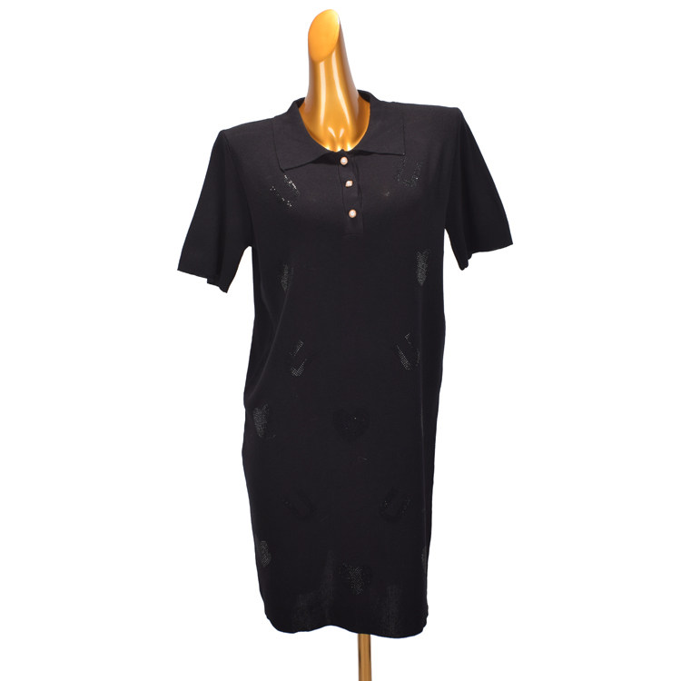 Polo领短袖针织连衣裙女夏季新款韩版宽松中长款黑色显瘦薄款裙子