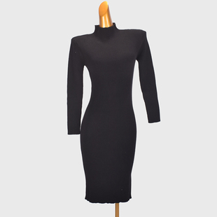 欧美风复古针织连衣裙女装秋冬新款半高领修身弹力长袖过膝包臀裙