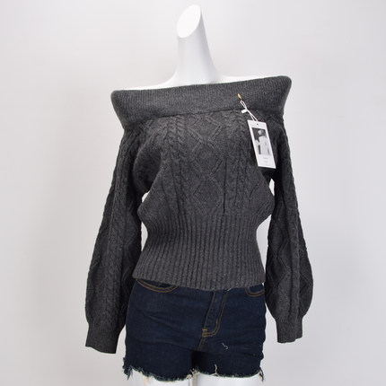 外贸单慵懒风一字肩长袖麻花针织衫女灰色收腰显瘦毛衣高级感上衣