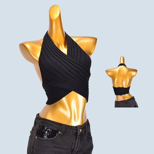 外贸单交叉挂脖针织背心女夏季修身内搭辣妹无袖短款露脐上衣外穿