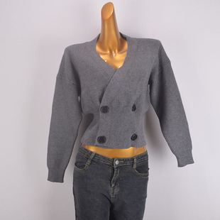 法式交叉v领长袖针织开衫外套女 秋冬新款复古设计感收腰短款上衣