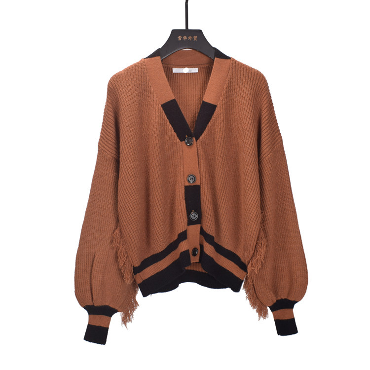 设计感v领长袖针织开衫女秋冬款慵懒风外穿宽松加厚流苏毛衣外套