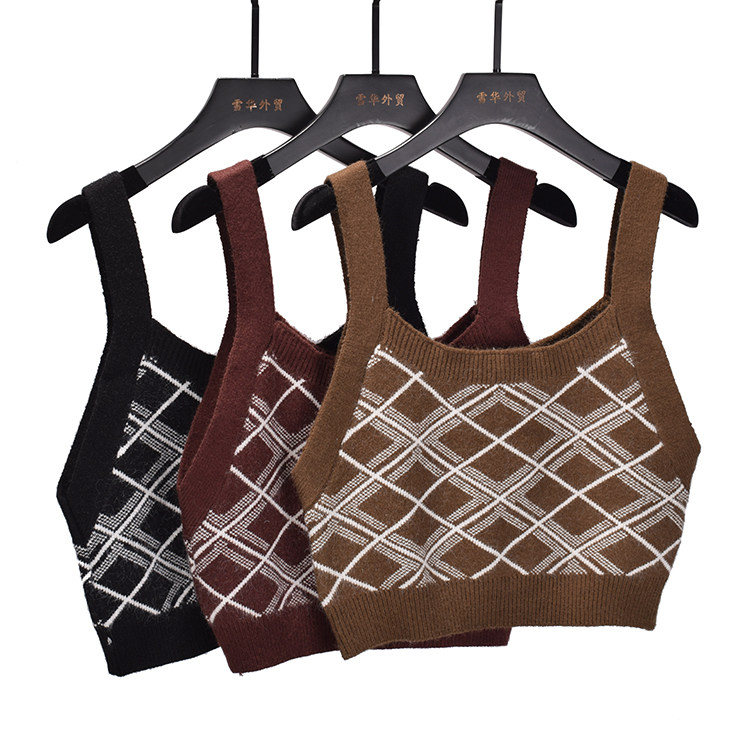 法式复古格子针织吊带背心女春秋新款宽松短款露背外穿无袖上衣潮