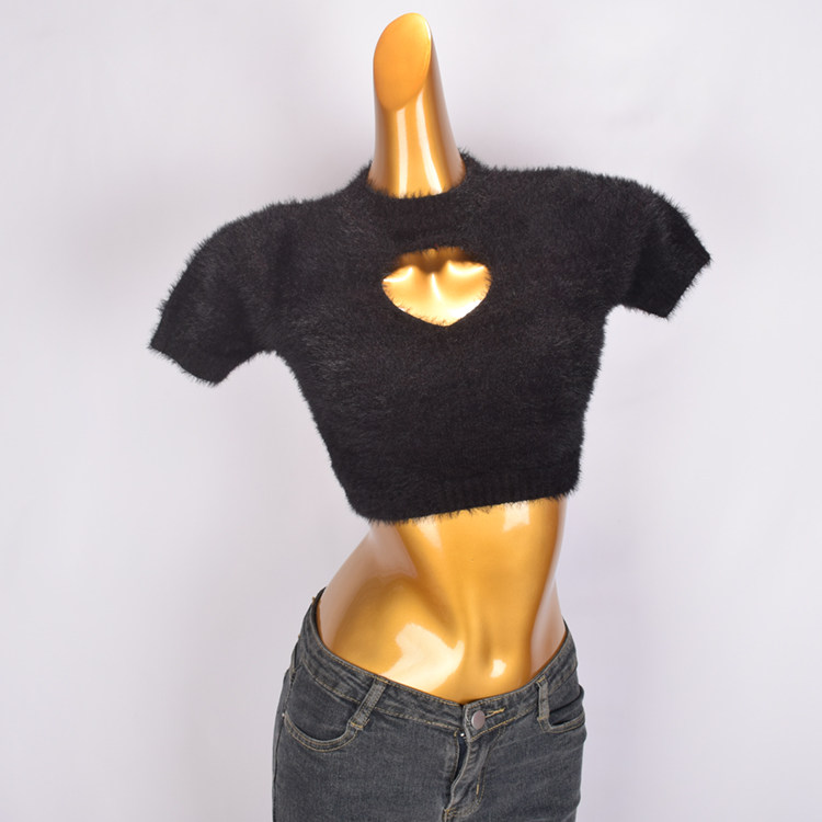 仿貂绒黑色短袖针织衫女春秋新款软糯毛茸茸高腰短款内搭镂空上衣