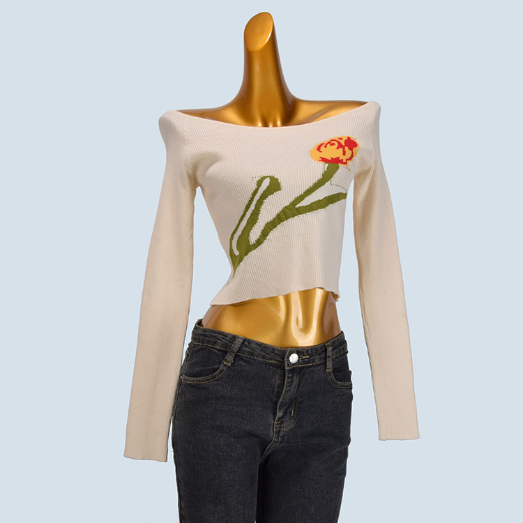 春季新款气质性感辣妹长袖针织衫女装设计感修身显瘦提花短款上衣