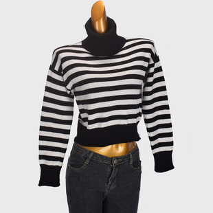 黑白条纹高领长袖毛衣女秋冬新款设计感小众宽松慵懒风针织衫上衣
