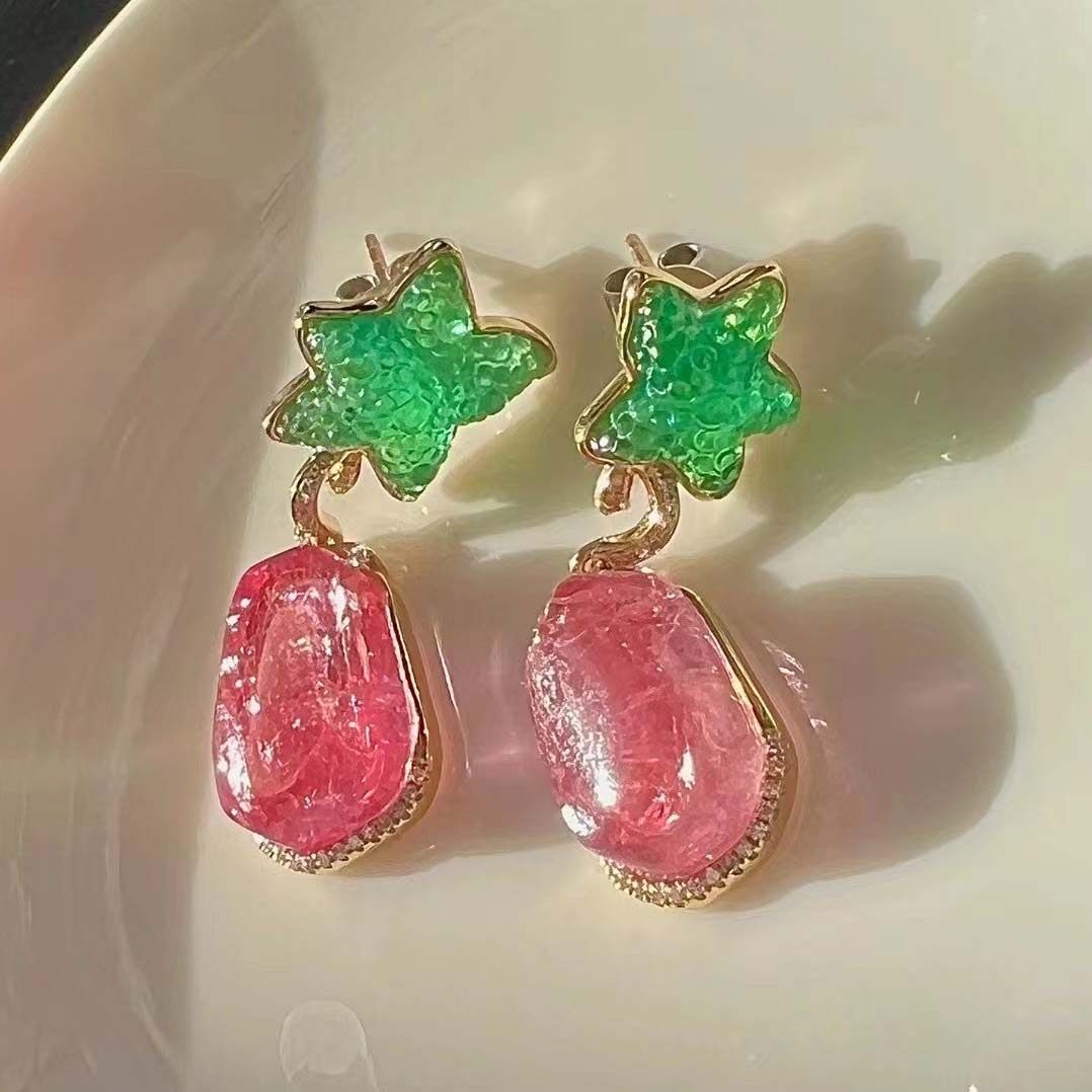 魅晶天然18K金镶嵌祖母绿与慈禧粉碧玺原石撞色设计款耳坠