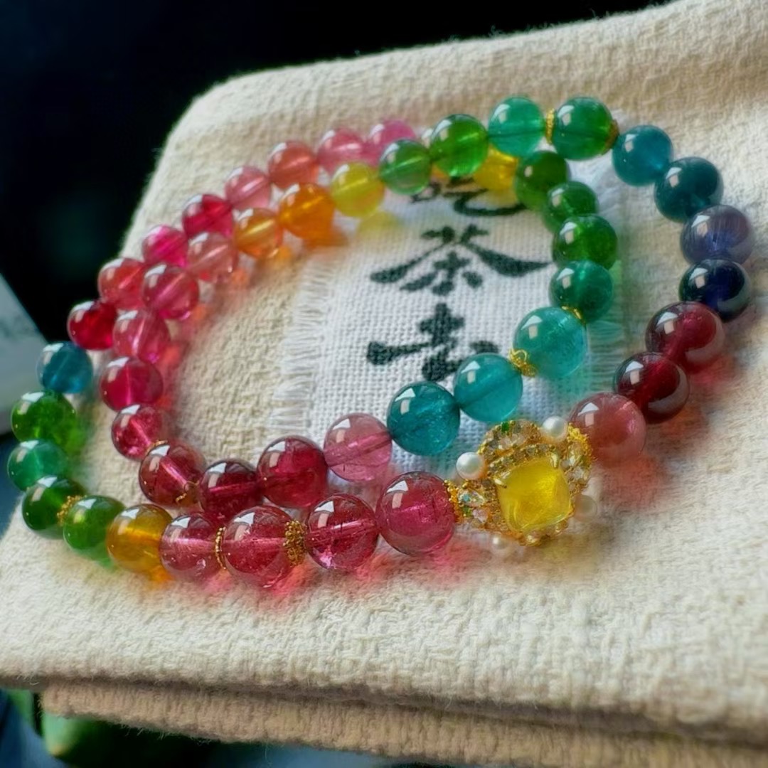 魅晶天然水晶晶体通透色标碧玺双圈手链