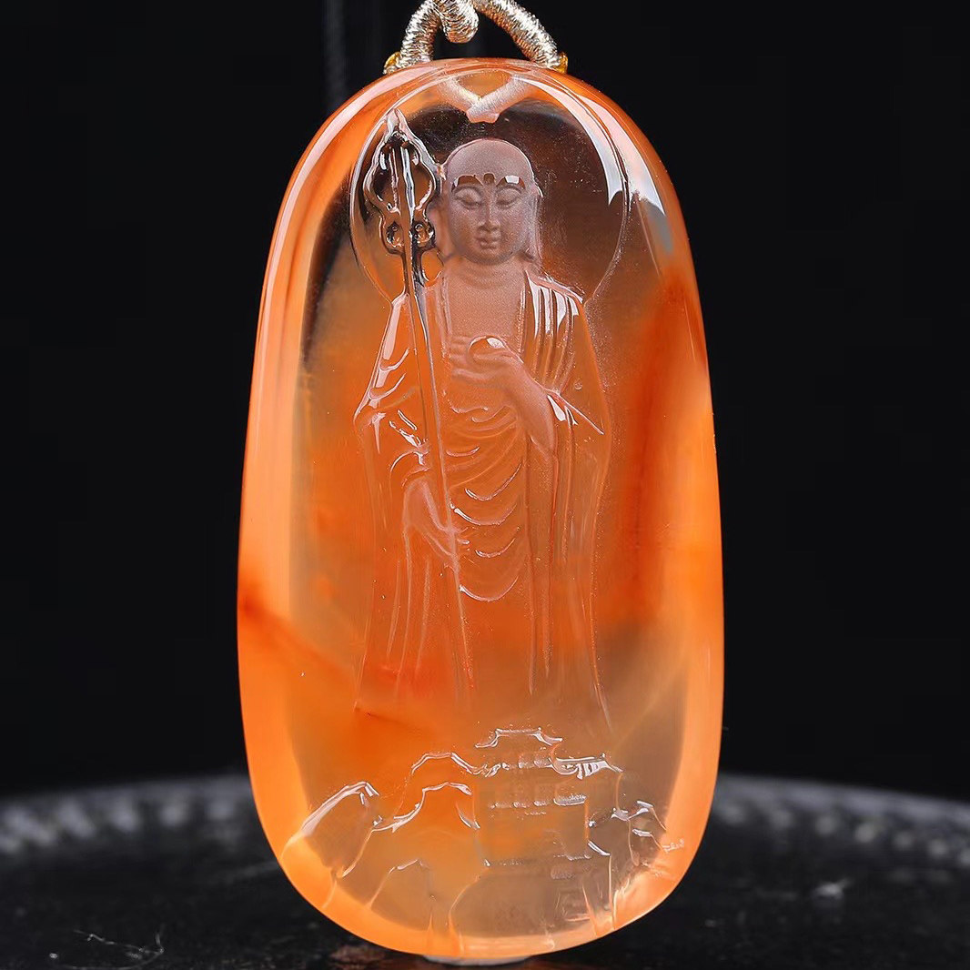 魅晶天然原矿水晶晶体通透红水晶红兔毛水晶雕刻地藏王菩萨吊坠