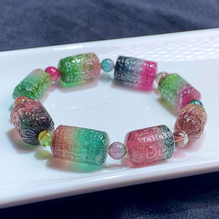 魅晶天然戒面料晶体通透西瓜回纹碧玺桶珠单圈手链