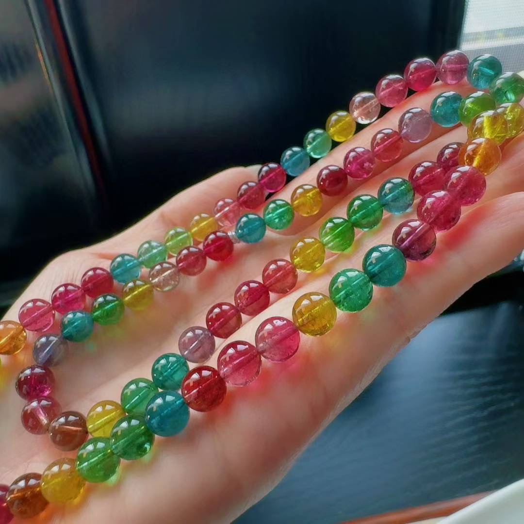 魅晶天然水晶晶体通透塔尖纯正荧光色标料多圈碧玺手链