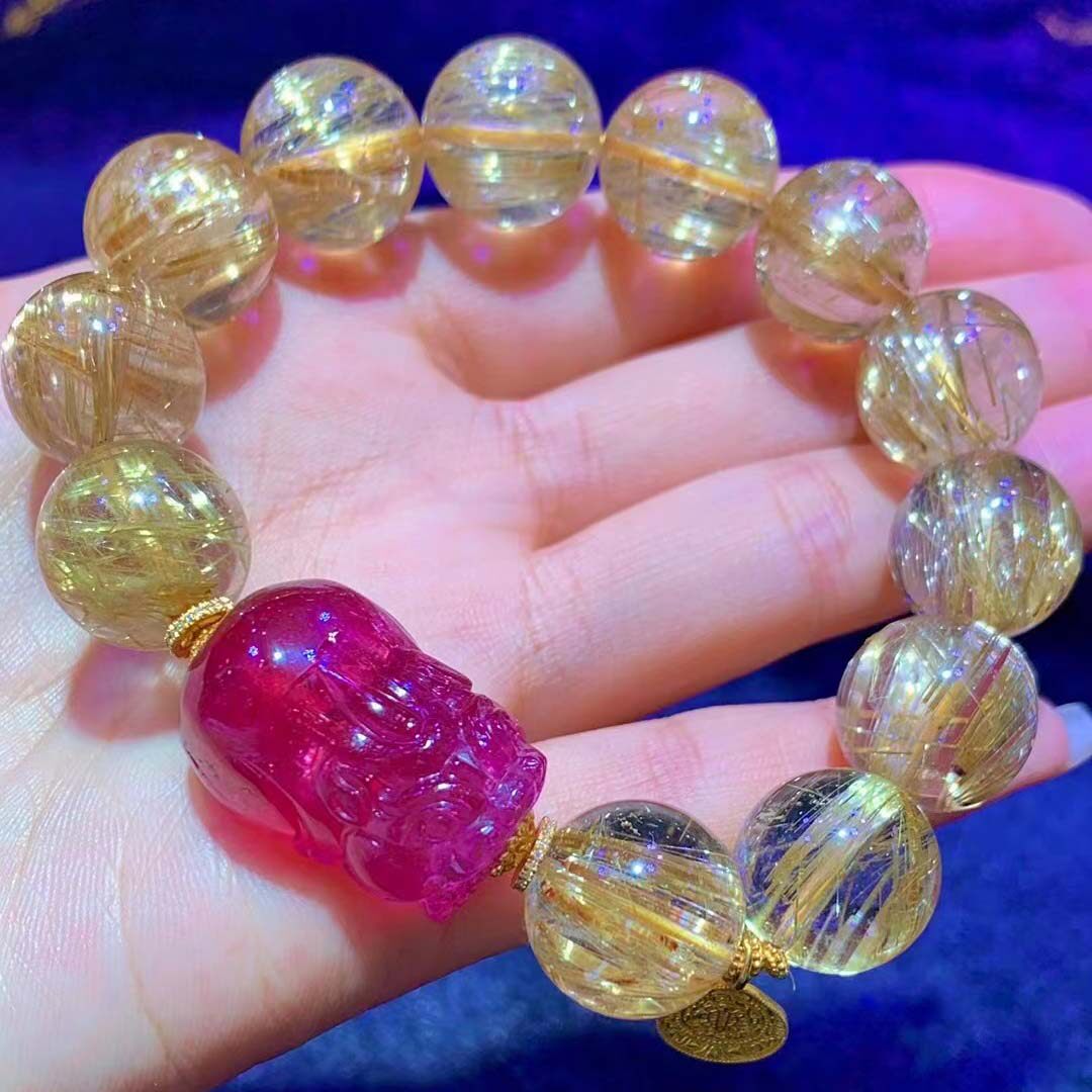 魅晶天然巴西老料水晶金钛晶卢比来宝石红猫眼碧玺貔貅单圈手链