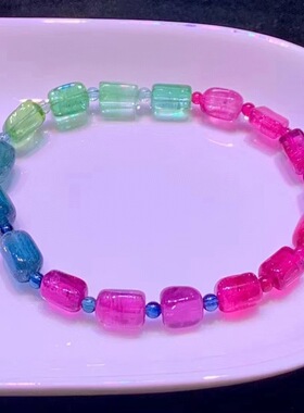 魅晶天然水晶晶体通透稀缺绒面料荧光色标彩虹碧玺原石手链