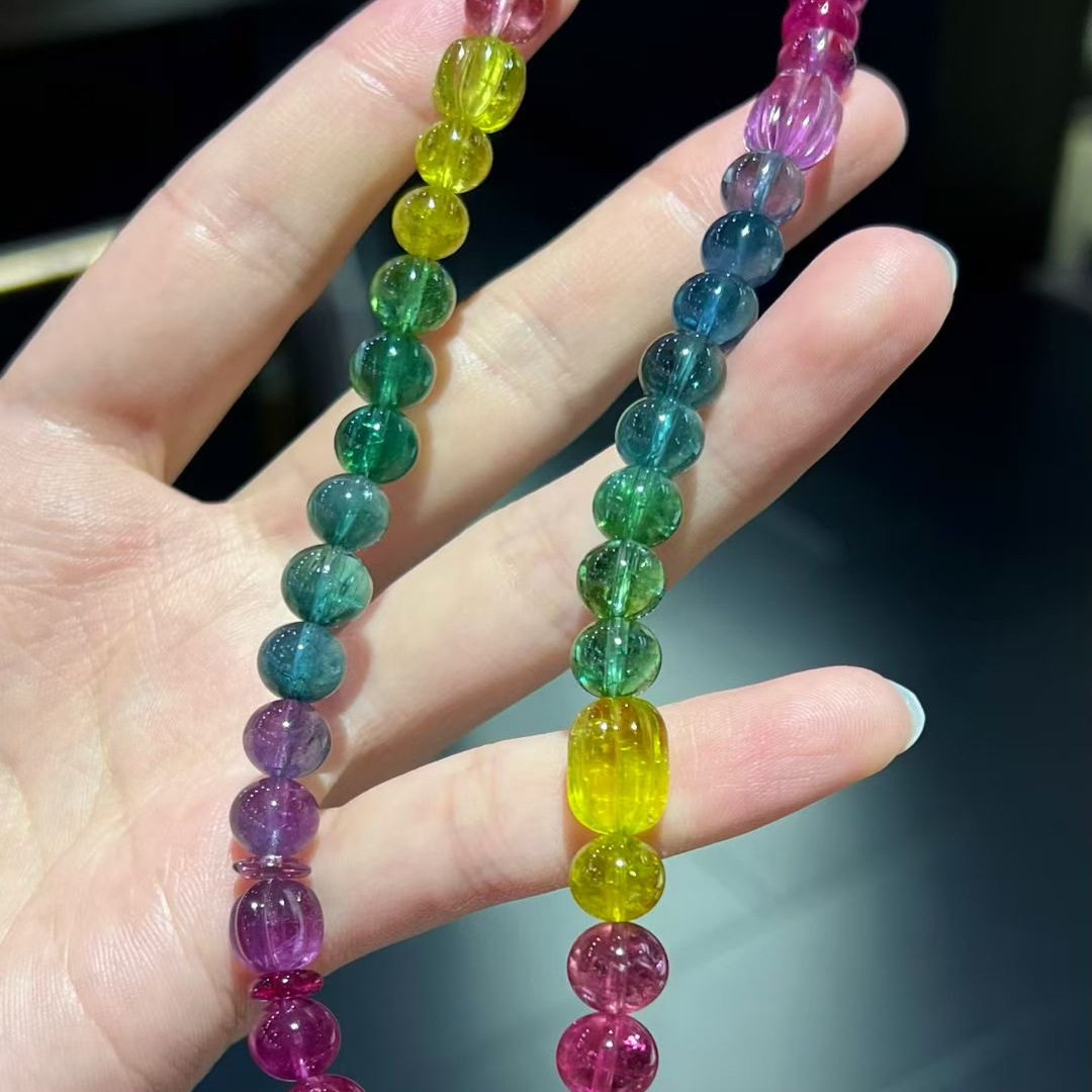 魅晶天然水晶晶体通透甄选色标级荧光碧玺串制双圈手链
