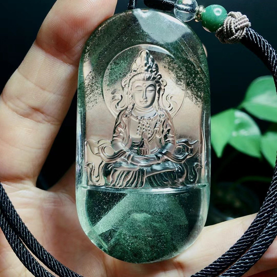 魅晶天然水晶晶体通透巴西绿幽灵千层银山观音菩萨吊坠