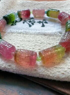 魅晶天然水晶晶体通透碧玺雕刻回纹珠手串