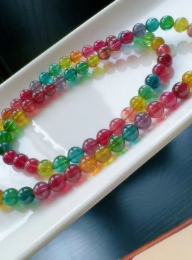 魅晶天然水晶晶体通透塔尖纯正荧光色标料多圈碧玺佛珠手链