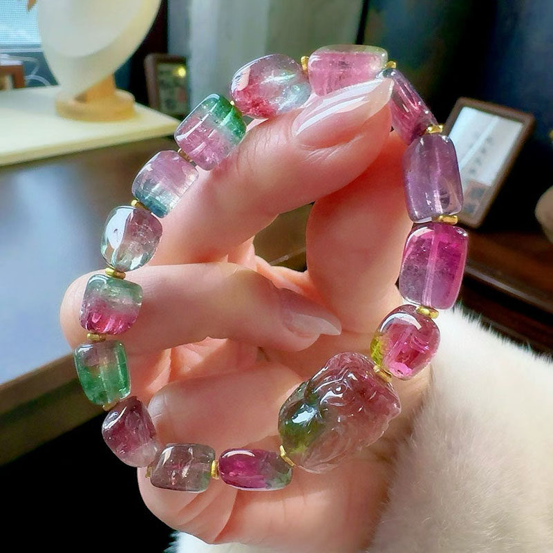 魅晶天然水晶晶体通透双色西瓜碧玺原石手链