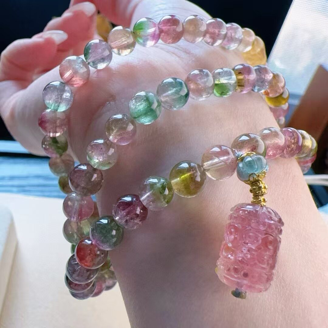 魅晶天然水晶晶体通透橙红多彩西瓜碧玺多圈手链