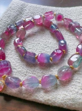 魅晶天然水晶晶体通透缤纷闪耀紫西瓜碧玺原石双圈手链