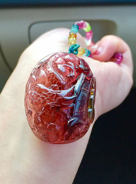 天然玻璃体橙红碧龙牌吊坠毛衣链