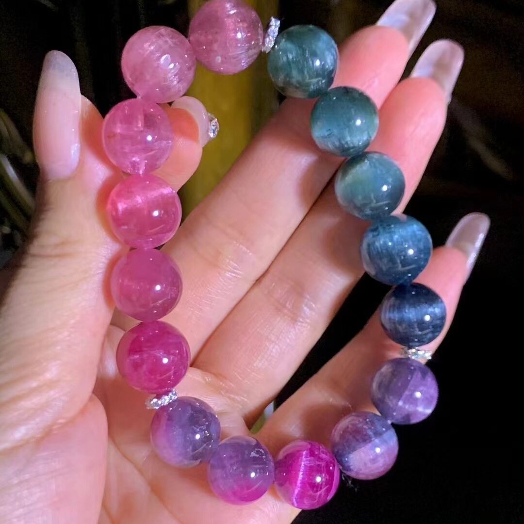 魅晶天然水晶晶体通透红蓝紫猫眼碧玺手链