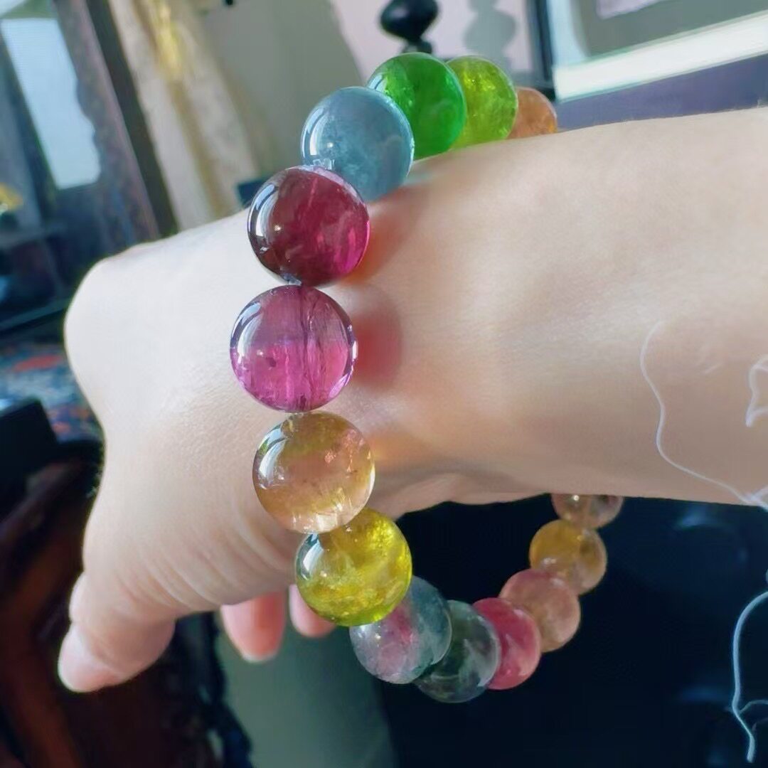 魅晶天然水晶晶体通透橙调猫眼西瓜碧玺手链