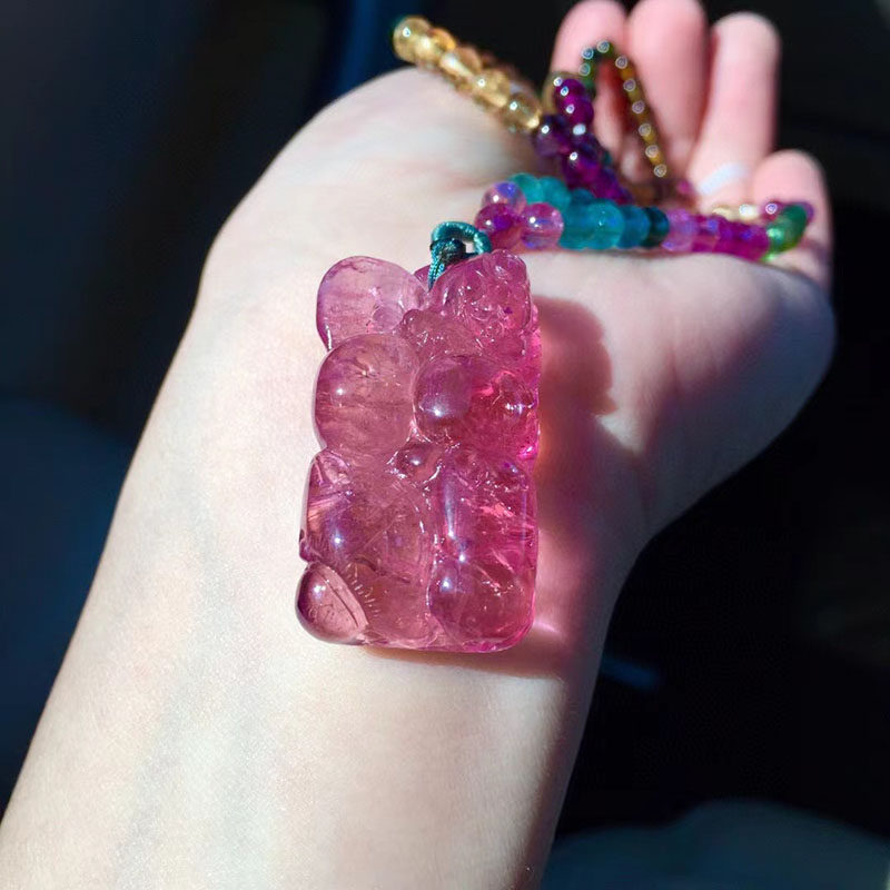 天然粉碧玺如意吊坠毛衣链