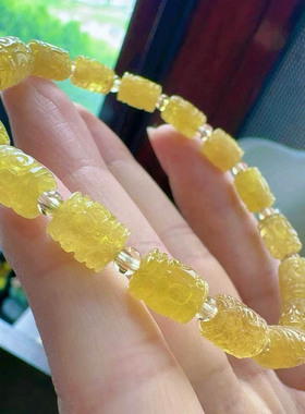 魅晶天然水晶晶体通透金丝雀碧玺回纹雕刻手链