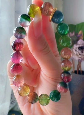 魅晶天然水晶晶体通透仙黄色带绿调西瓜碧玺手链