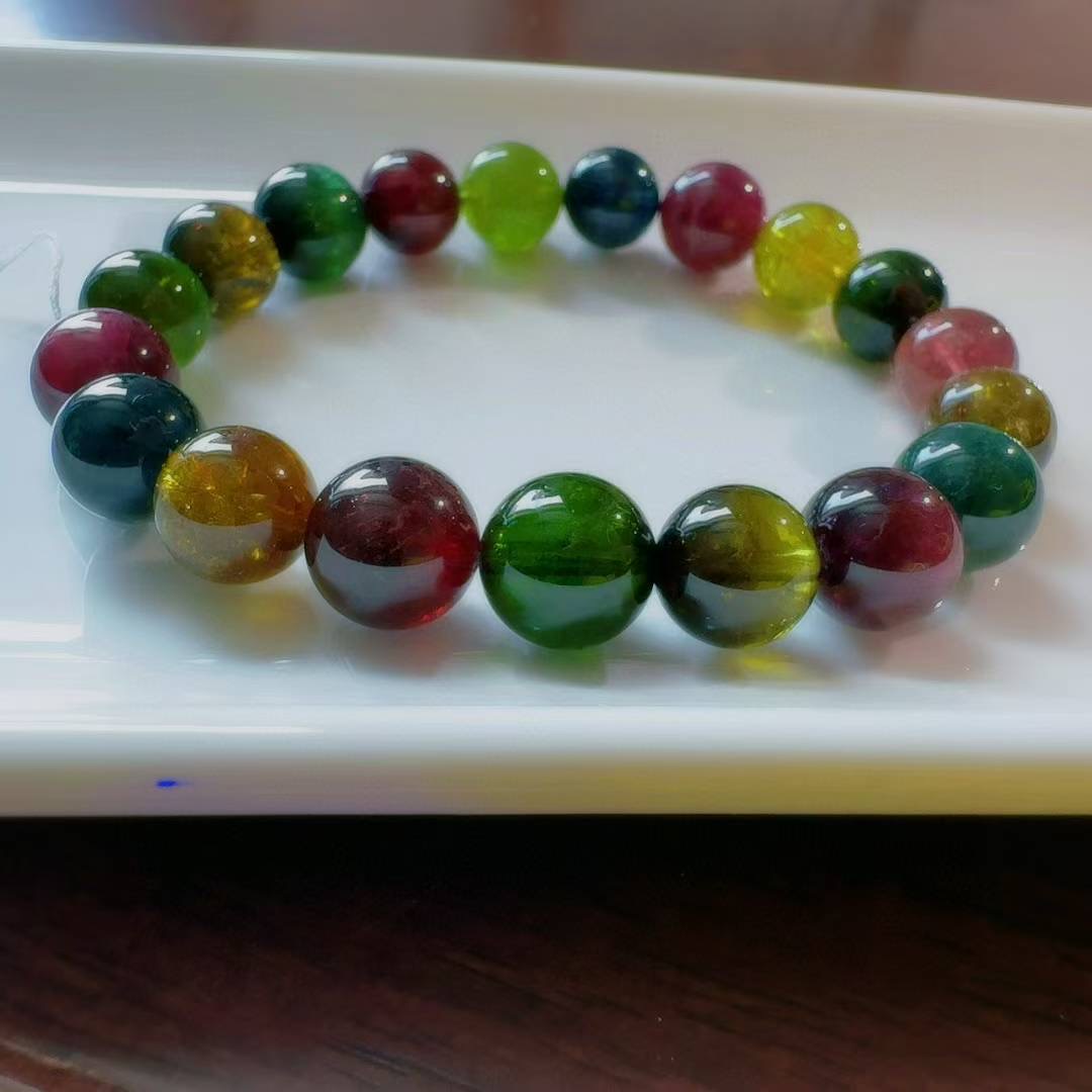 魅晶天然水晶晶体通透老矿浓彩碧玺手链