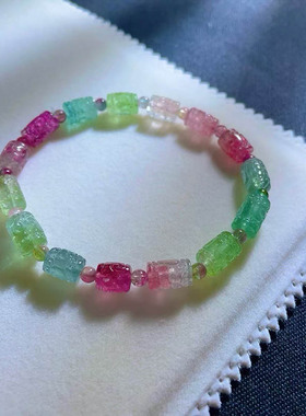 魅晶天然水晶晶体通透西瓜双色回纹珠碧玺手链