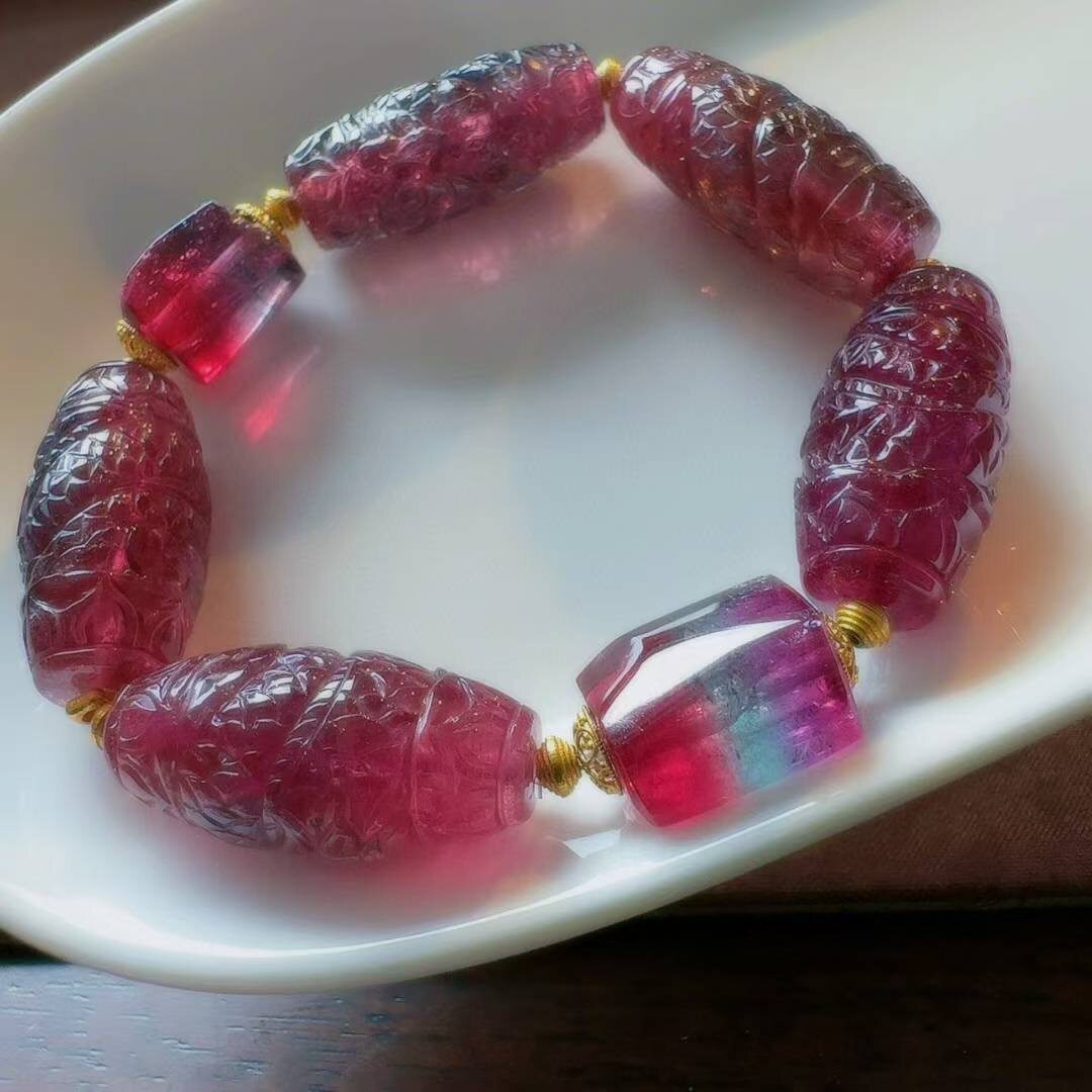 魅晶天然水晶晶体通透紫红碧玺盘龙手链