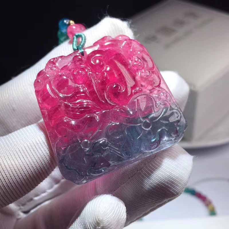 魅晶天然巴西红蓝西瓜碧玺红蓝双色碧玺鱼牌吊坠项坠挂件毛衣链