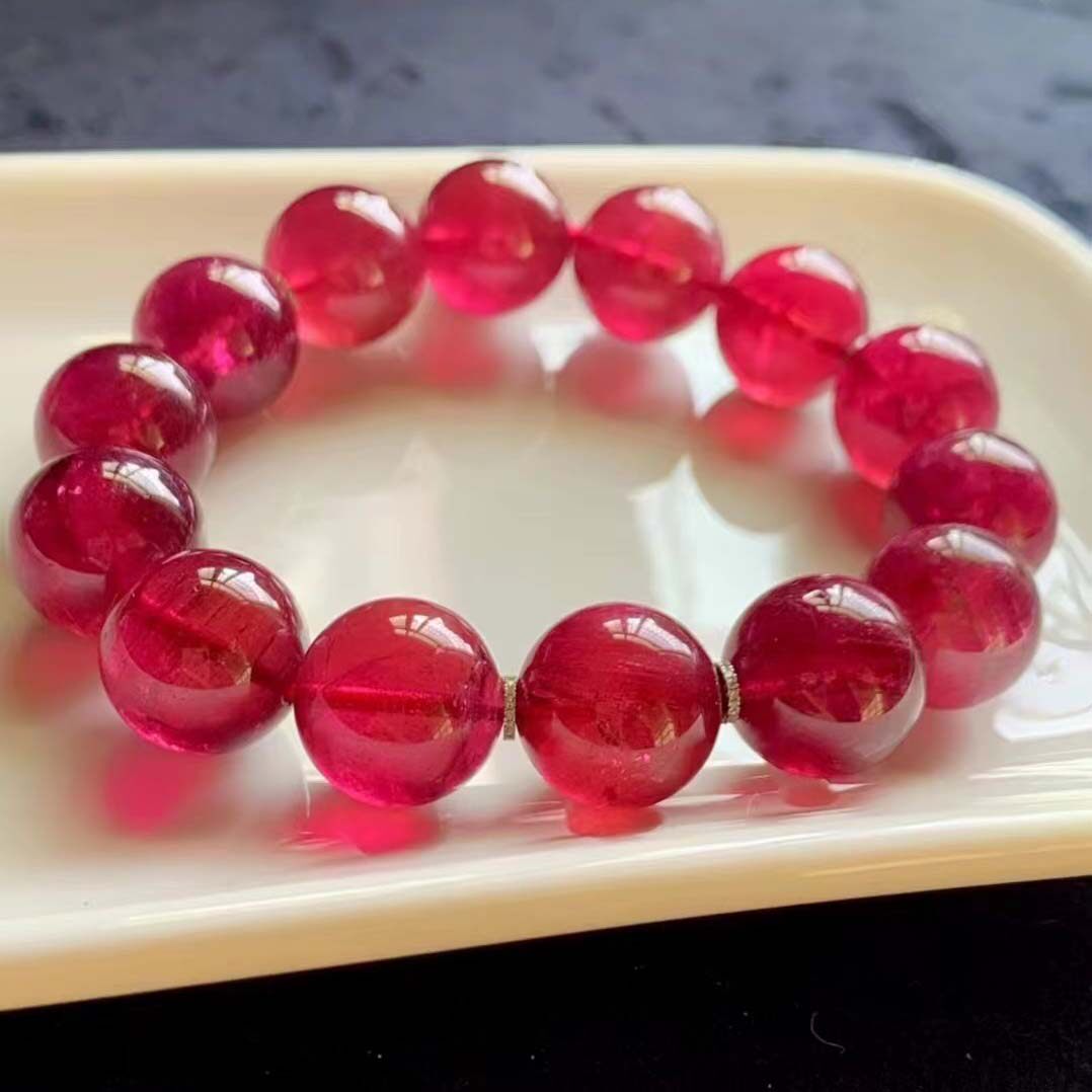 魅晶天然原矿晶体通透戒面料卢比来鸽血红碧玺大颗粒单圈手链