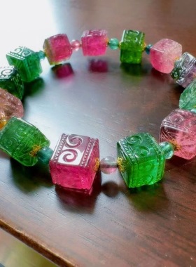 魅晶天然水晶晶体通透艳彩雕刻回纹珠碧玺手链