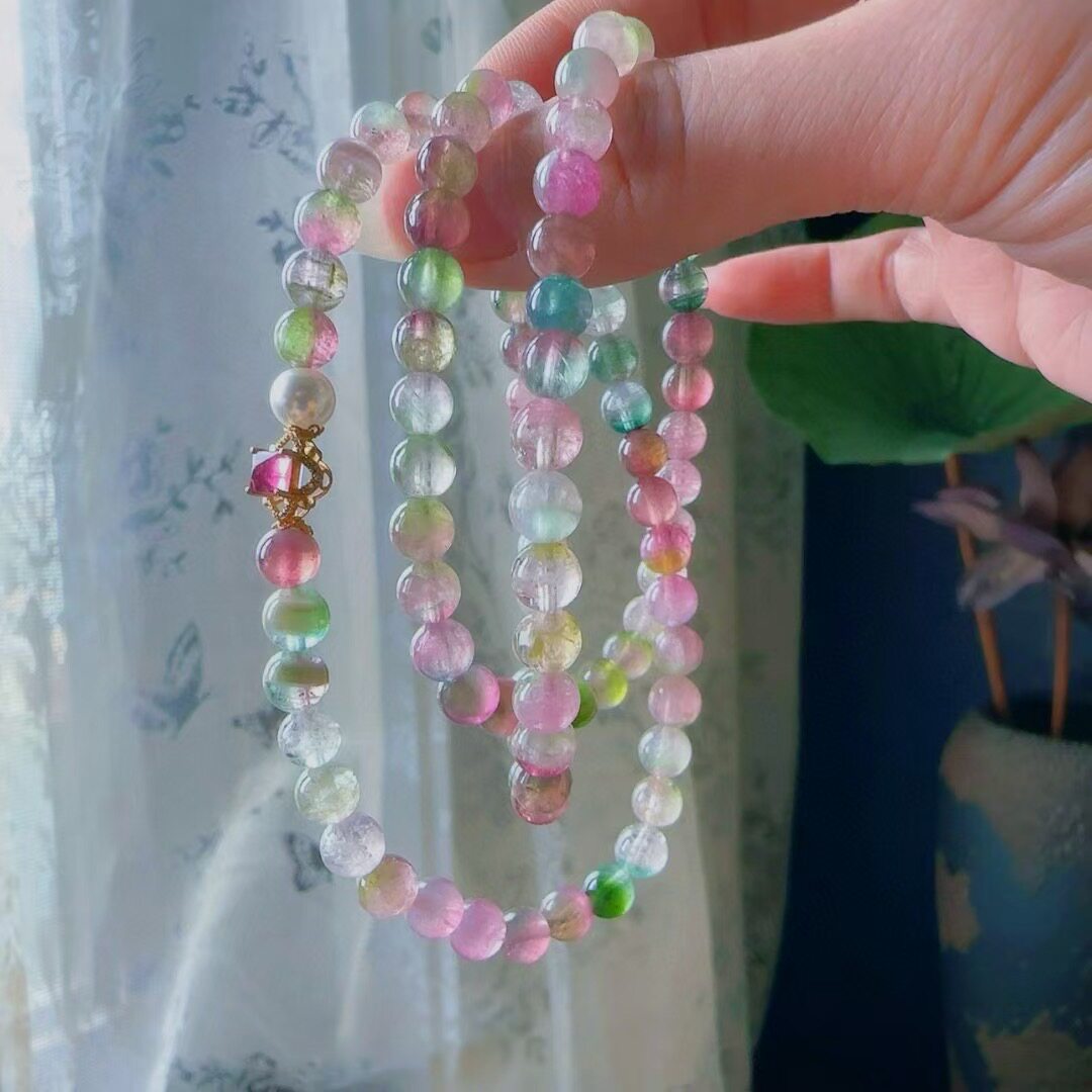魅晶天然水晶晶体通透西瓜佛珠多圈碧玺手链