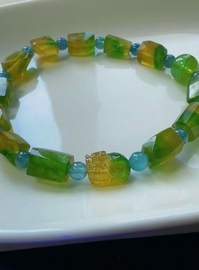 魅晶天然水晶晶体通透黄绿交织碧玺原石手链