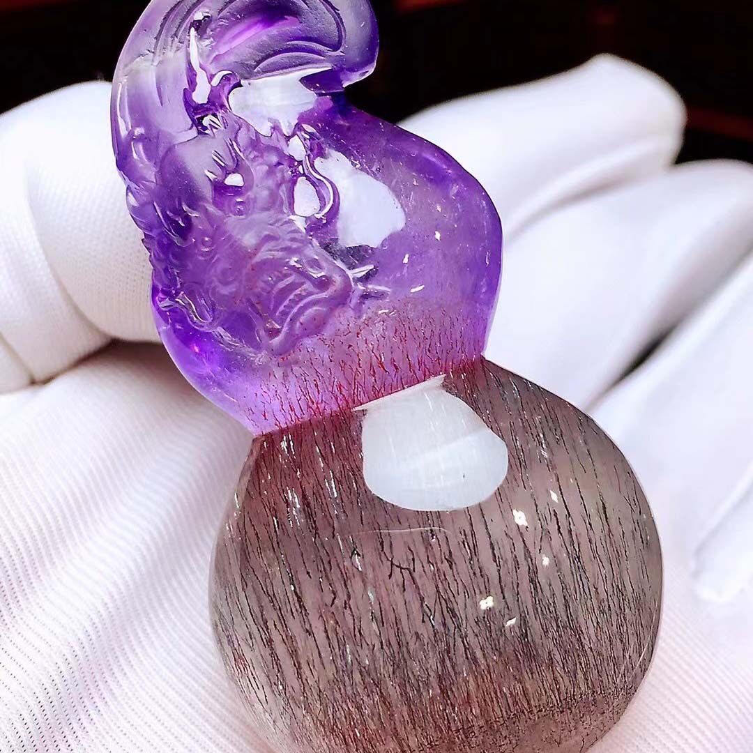 魅晶天然晶体通透紫发晶顺发俏色黑超七雕刻龙头葫芦吊坠