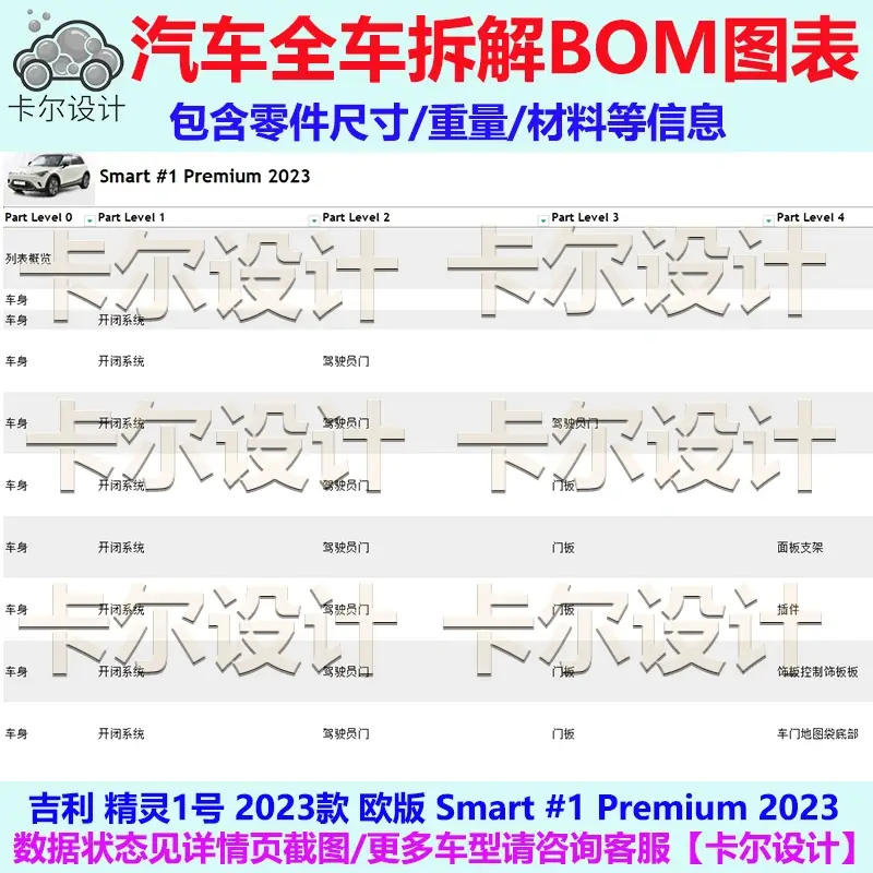 精灵1号 Smart #1 Premium 2023款全车拆解BOM表格EXCEL格式