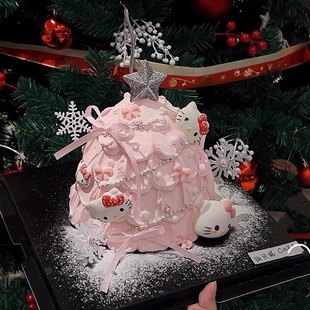 2025圣诞节KT猫许愿树蛋糕装饰银色雪花珍珠链女生生日甜品插件