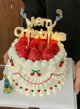 2025圣诞节草莓蛋糕装饰摆件鹿角MerryChristmas发光灯牌装扮插件