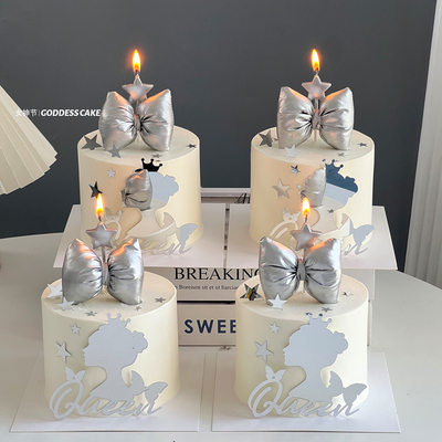 3.8女神节蛋糕装饰背影女王queen亚克力插件银色蝴蝶结装扮摆件