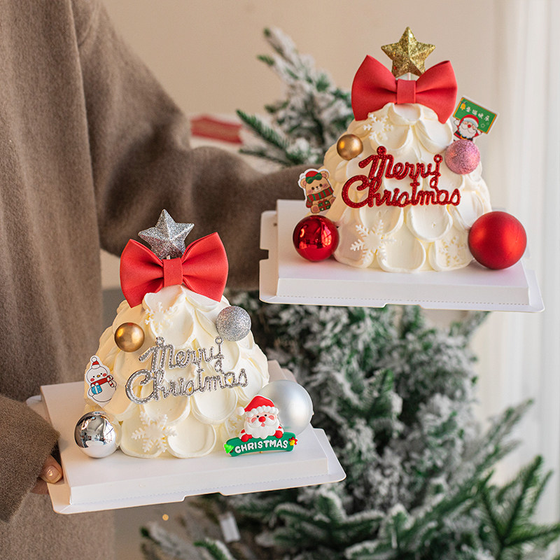 网红圣诞节许愿树蛋糕装饰蝴蝶结五角星插件圣诞快乐烘焙装扮摆件