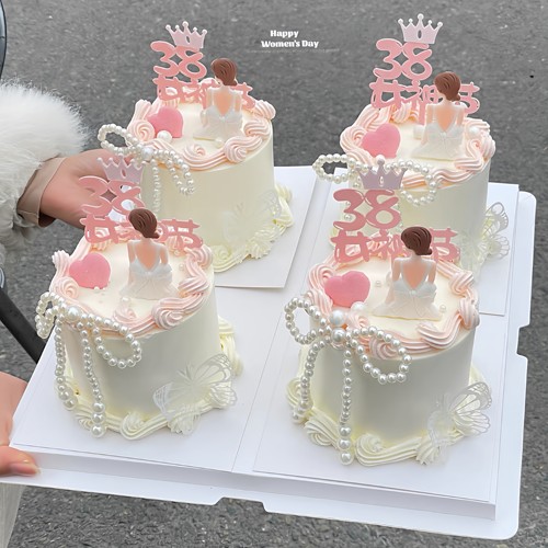 38女神节蛋糕装饰亚克力插牌唯美背影女神摆件幻彩蝴蝶珍珠链插件