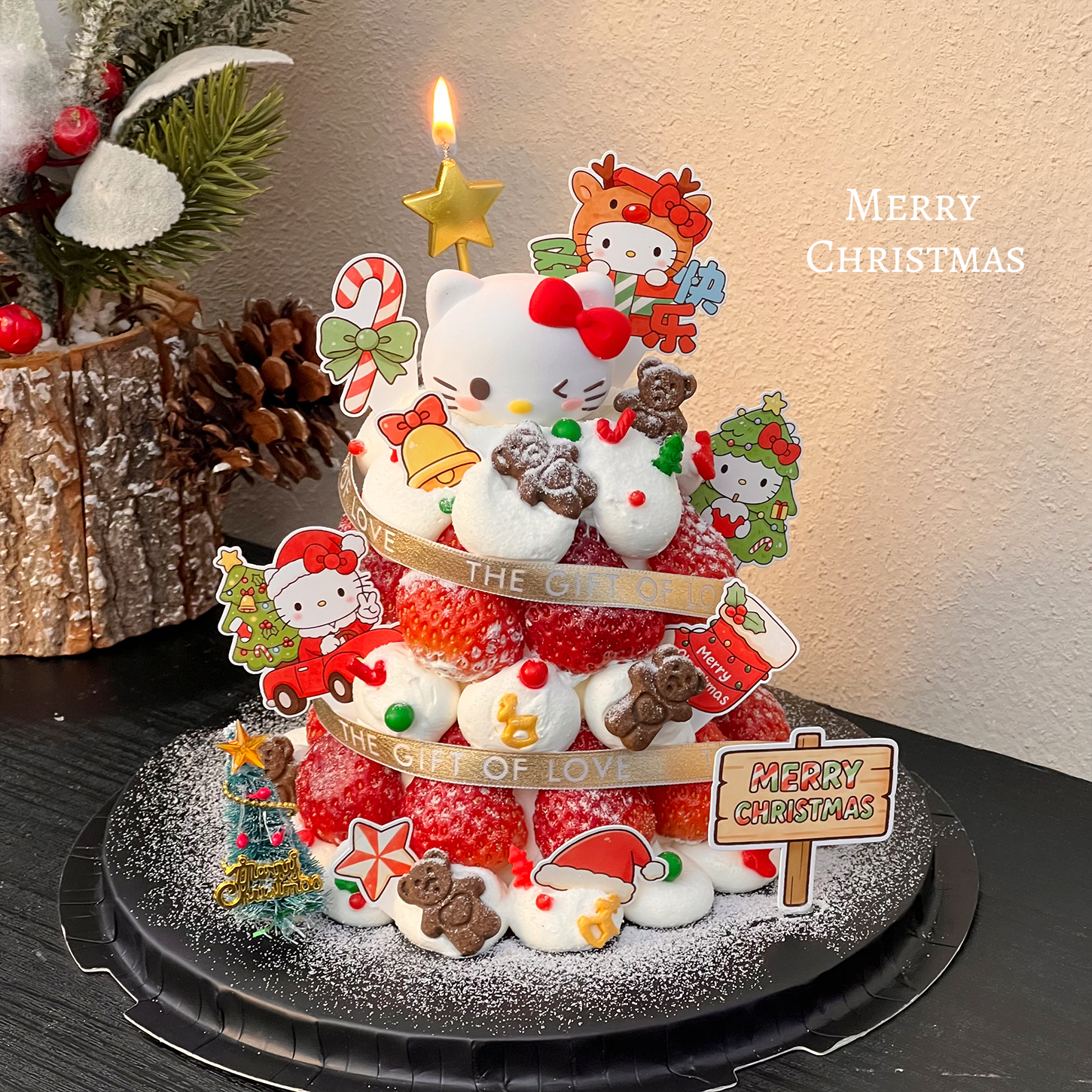 2025圣诞节草莓许愿树蛋糕装饰蝴蝶结kt猫摆件甜品烘焙插件配件