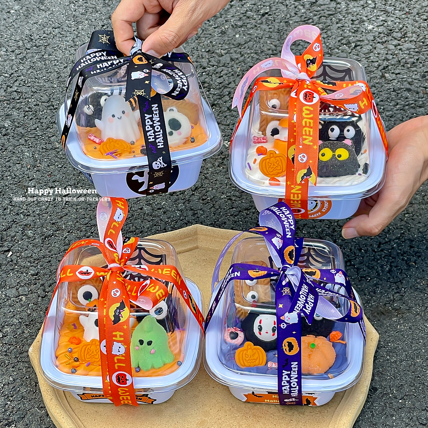 2025万圣节4寸透明便当盒蛋糕装饰插件搞怪南瓜幽灵甜品包装盒子