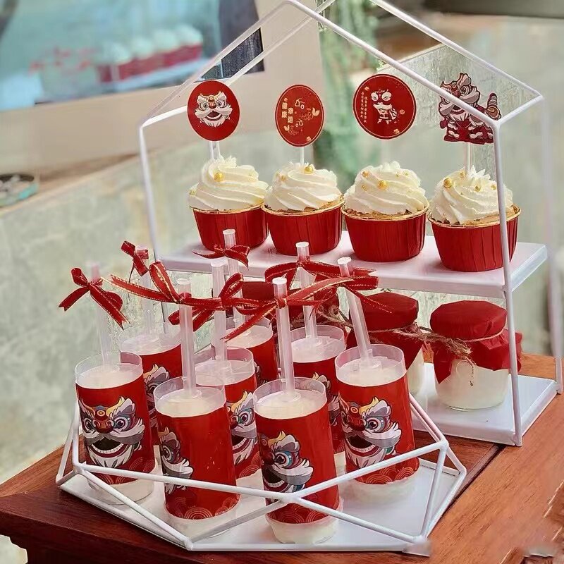 中国风国潮宝宝虎头宴百天满月周岁生日宴舞狮蛋糕插牌甜品台装饰